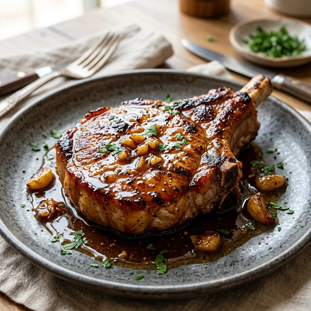Honey Garlic Pork Chops served on a plate garnished with herbs