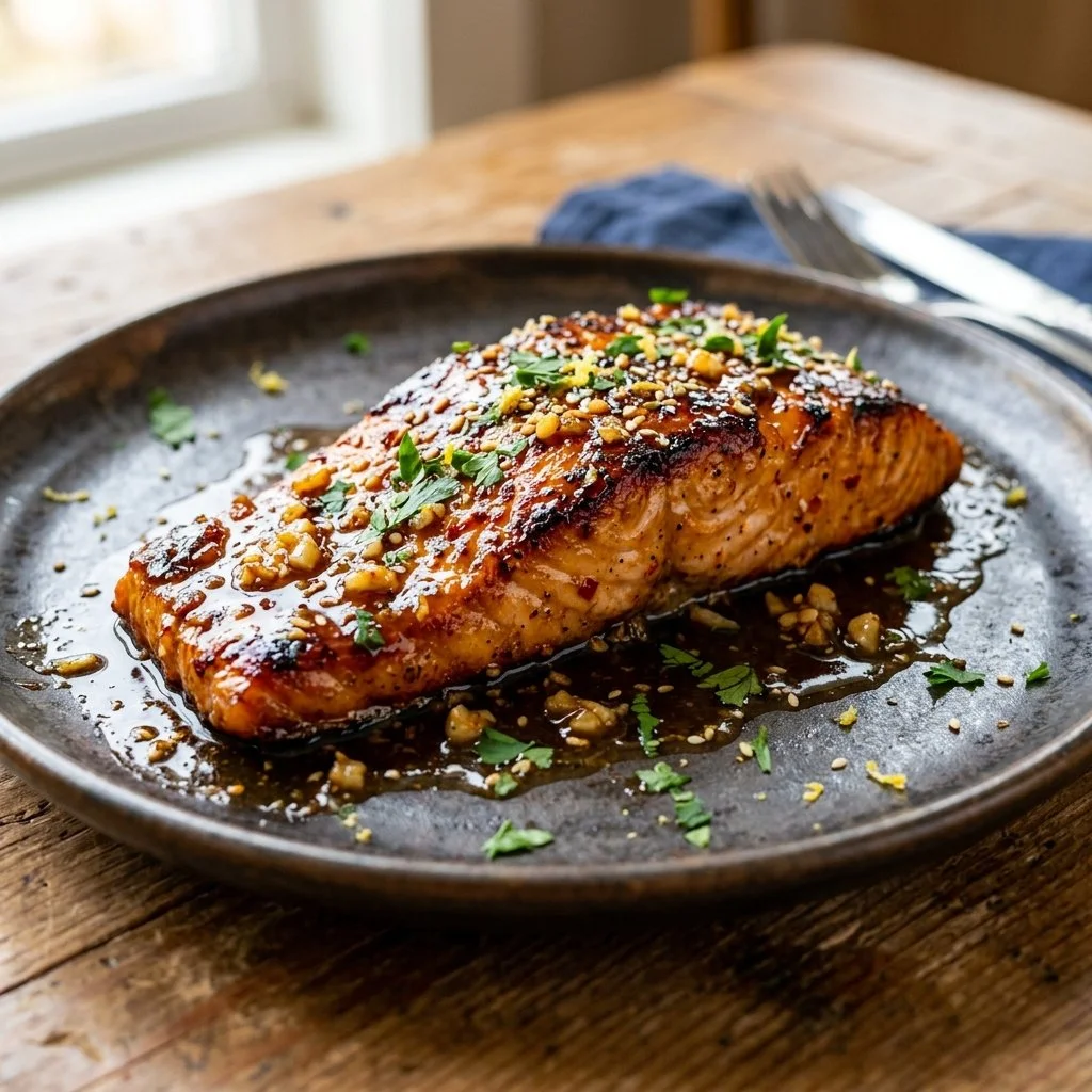 Delicious honey garlic salmon fillet garnished with herbs.