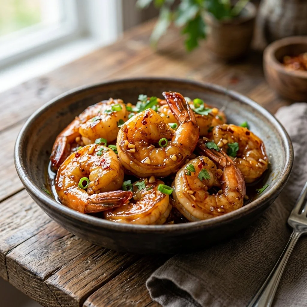 Delicious honey garlic shrimp served in a bowl with garnishes