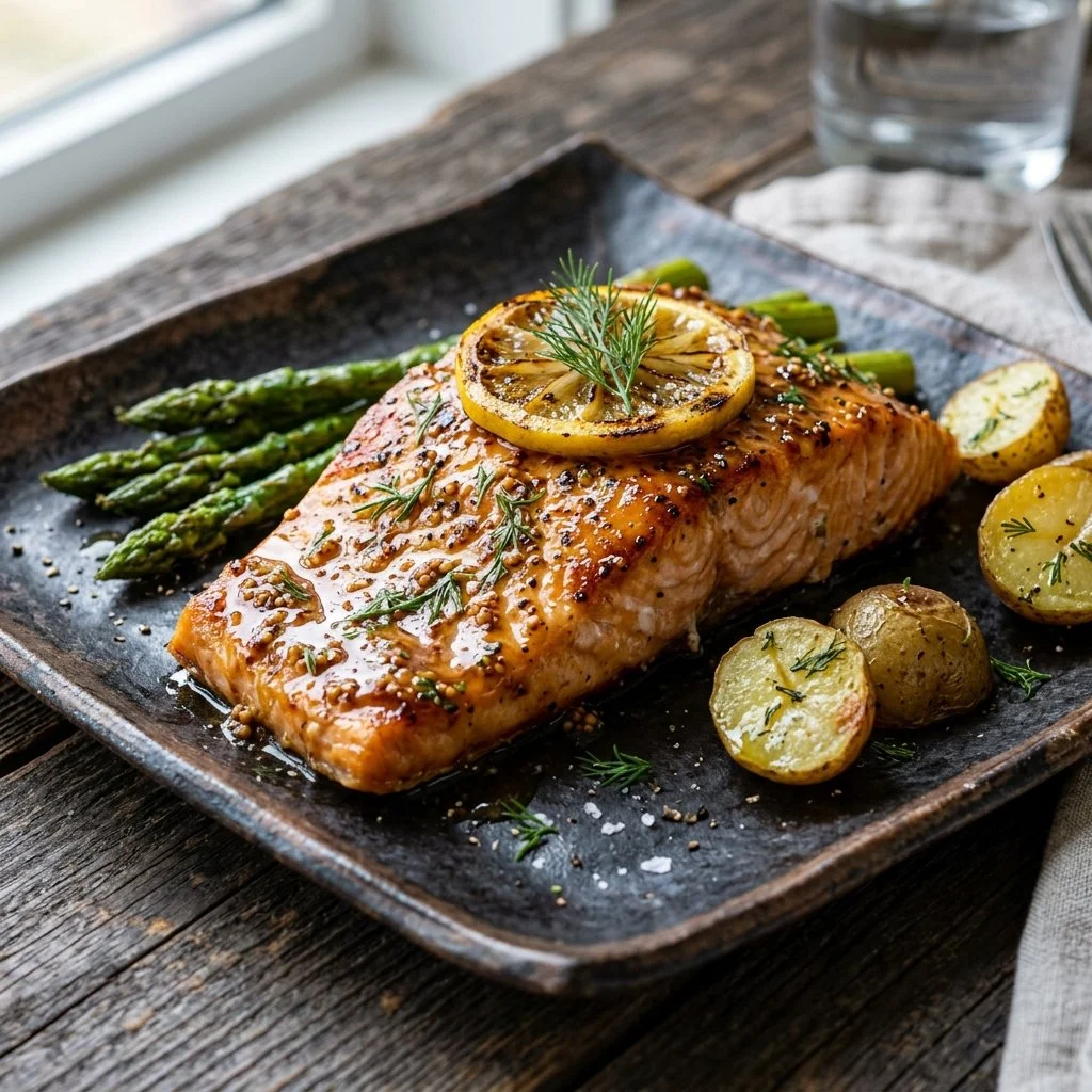 Delicious Honey Mustard Salmon dish with vibrant colors and garnished with herbs