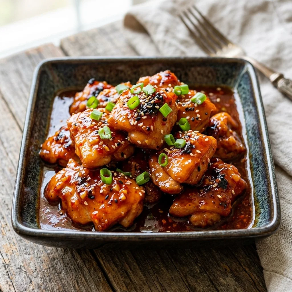 Delicious Honey Sriracha Chicken ready to be served on a plate.