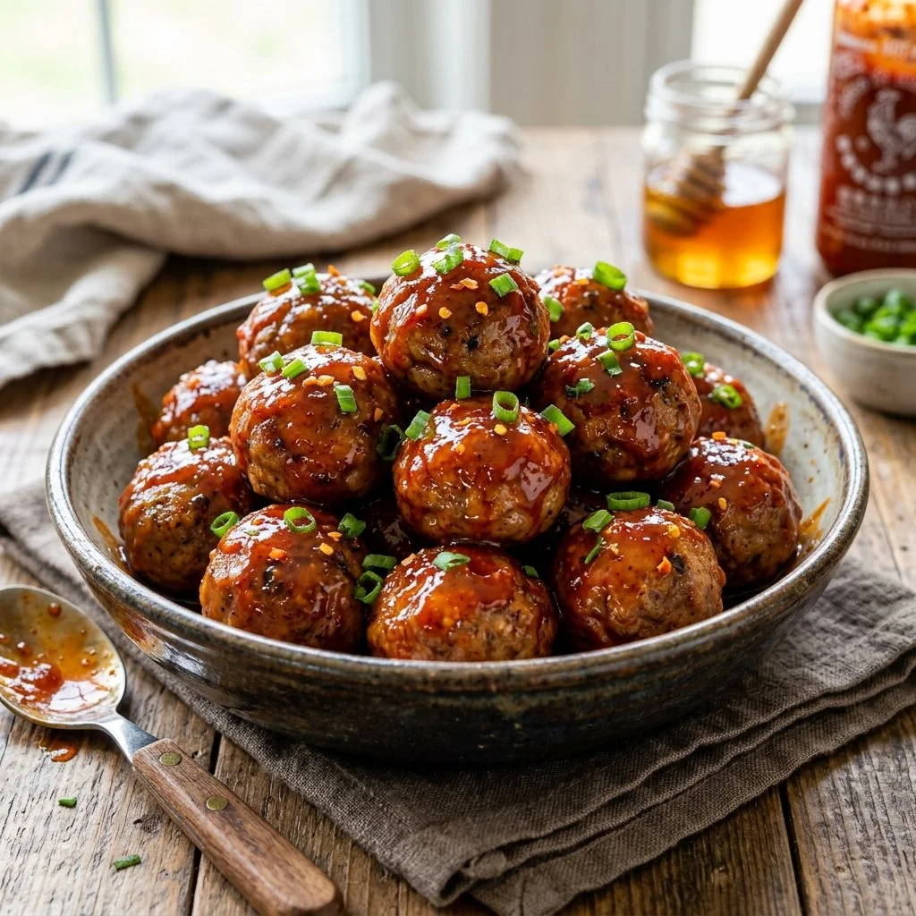 Delicious Honey Sriracha Meatballs served on a white platter garnished with green onions.