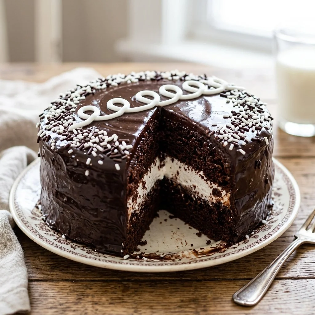 Delicious Hostess Cupcake Cake with chocolate layers and creamy filling