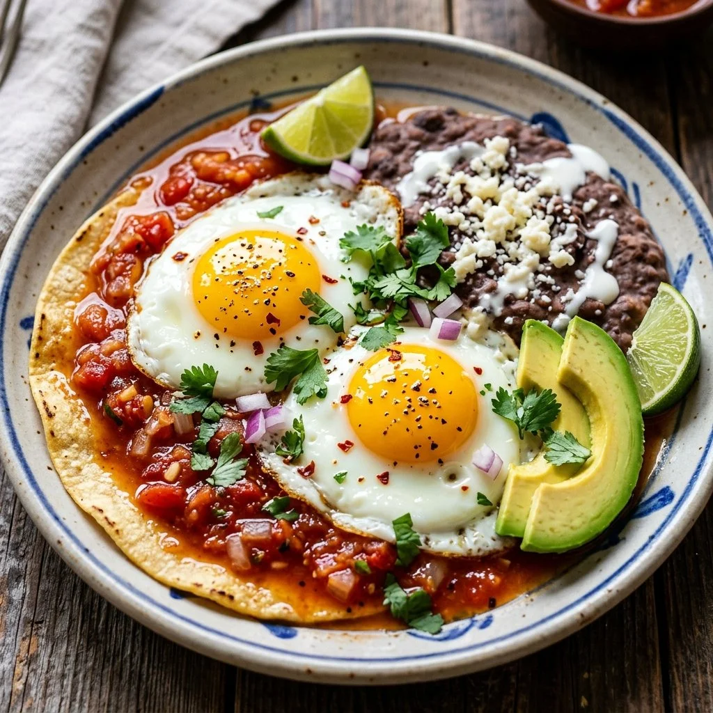 Plate of Huevos Rancheros with eggs, tortillas, and fresh salsa