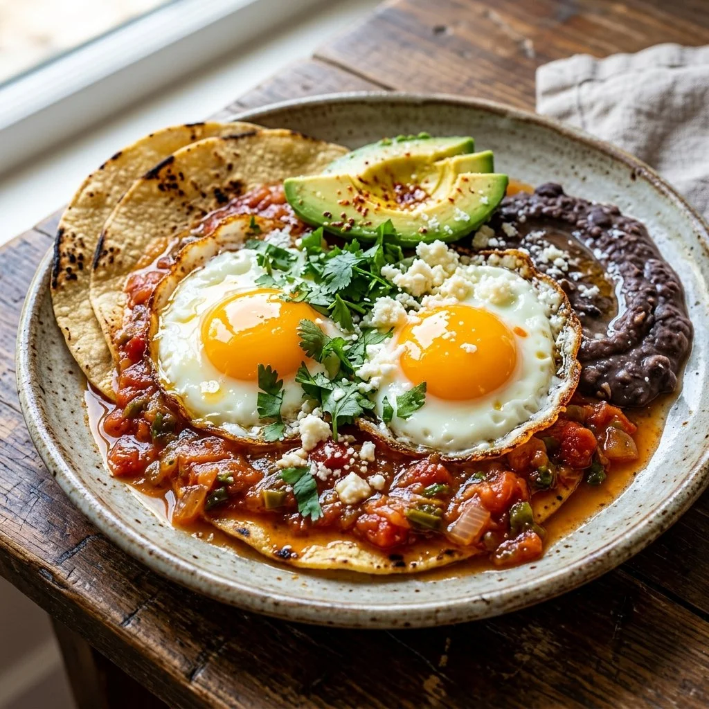 Plate of Huevos Rancheros garnished with fresh cilantro and avocado