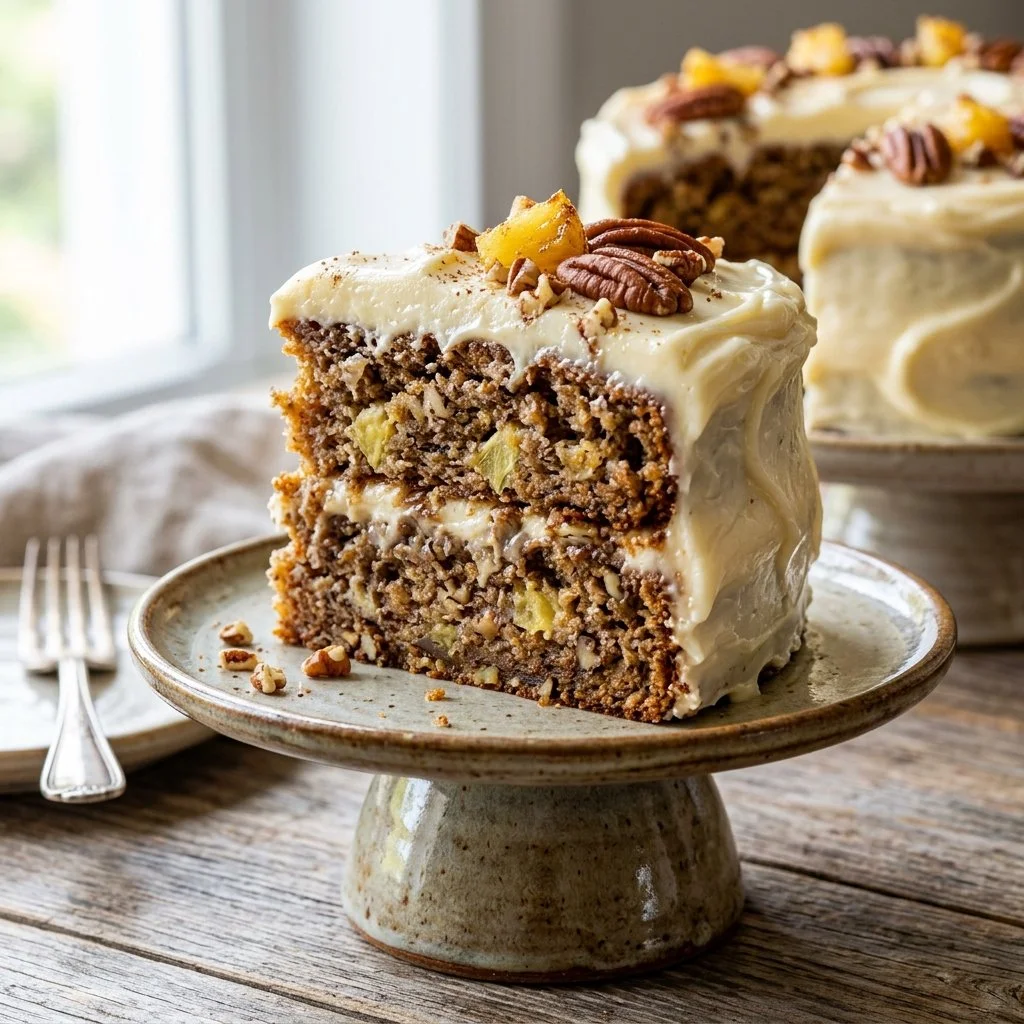 A slice of Hummingbird Cake topped with cream cheese frosting and tropical fruits.