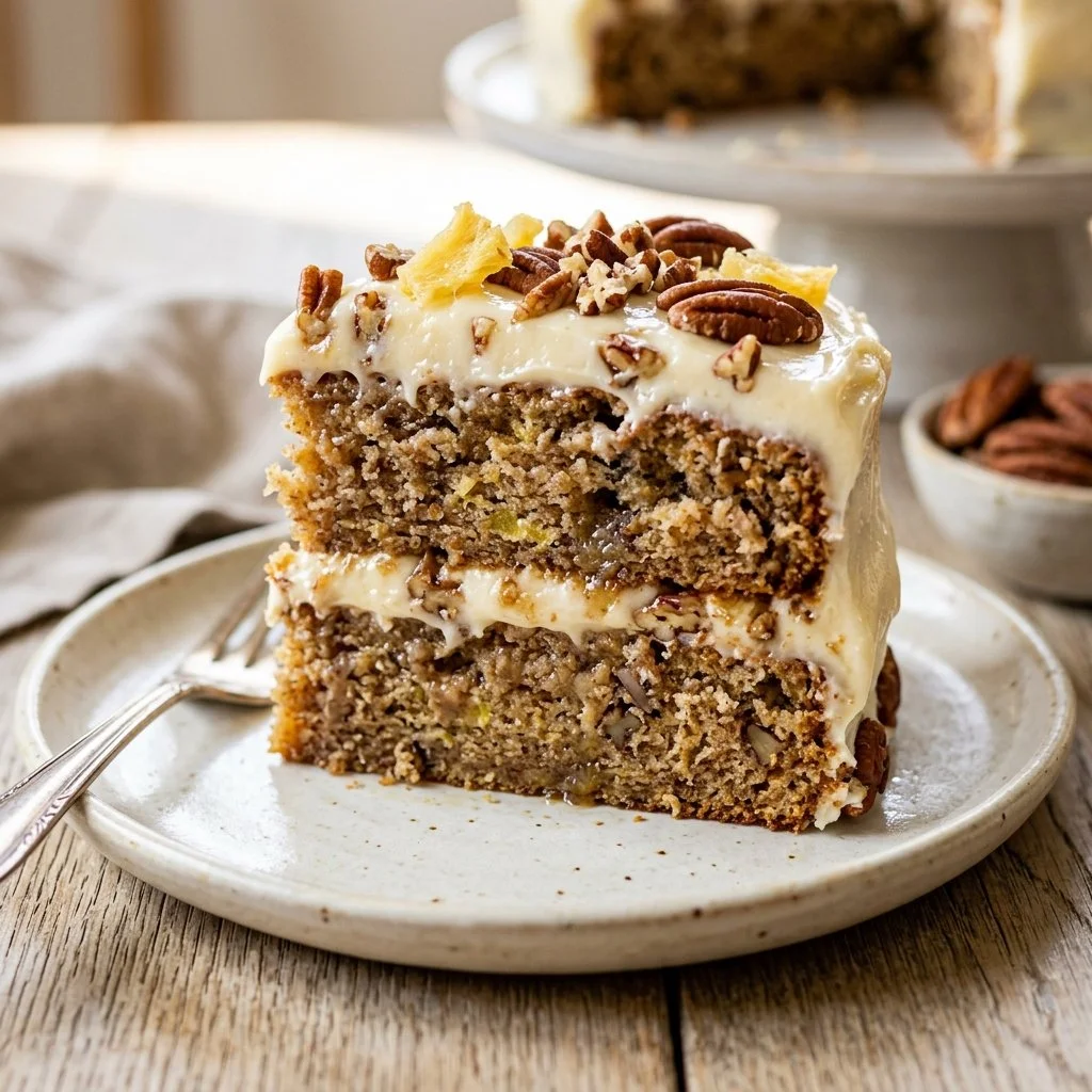 Deliciously moist Hummingbird Cake topped with cream cheese frosting and garnished with nuts