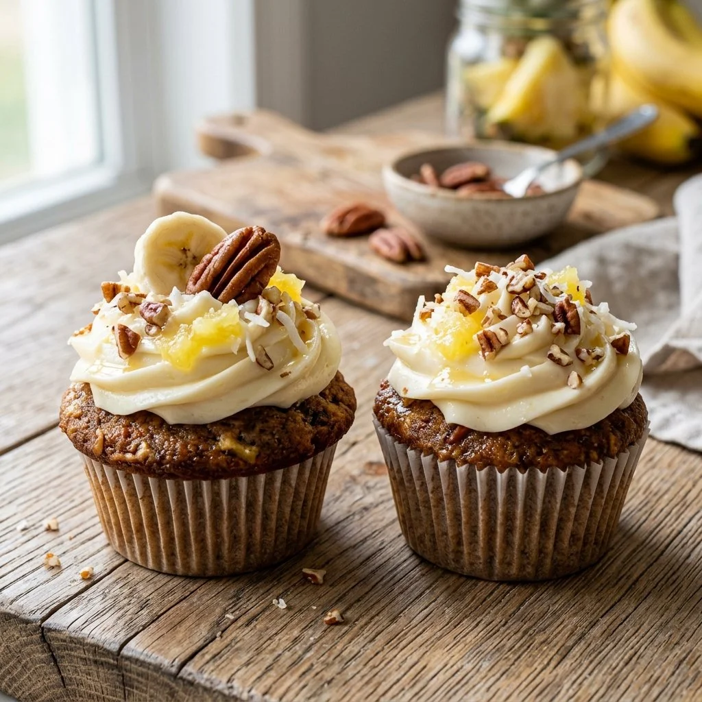 Delicious hummingbird cupcakes topped with cream cheese frosting