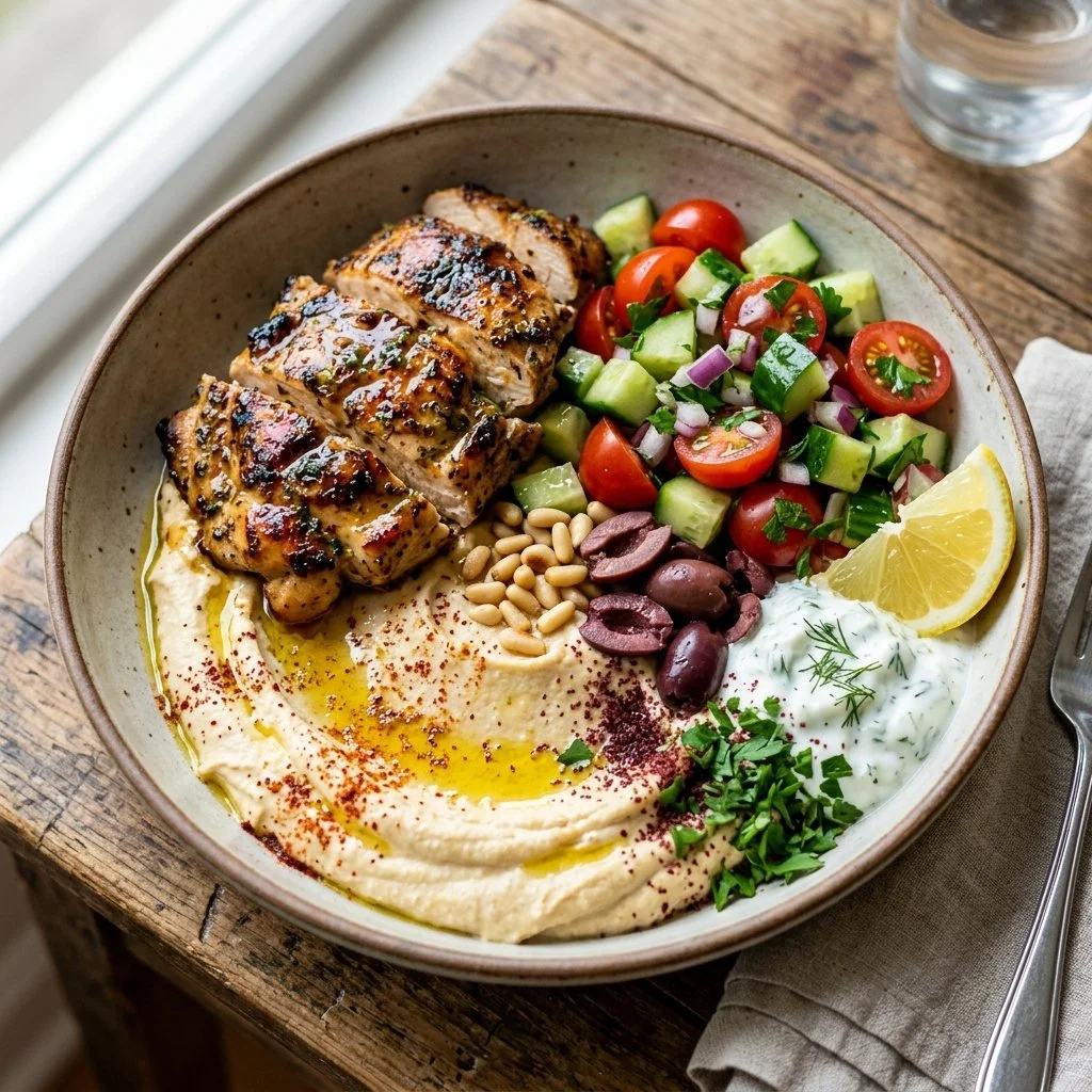 Delicious Hummus Chicken Bowl with fresh veggies and herbs