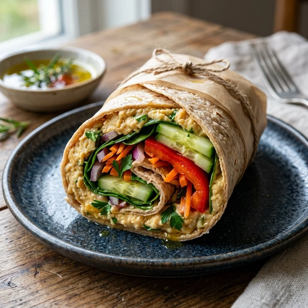 Hummus veggie wraps filled with fresh vegetables and served on a plate