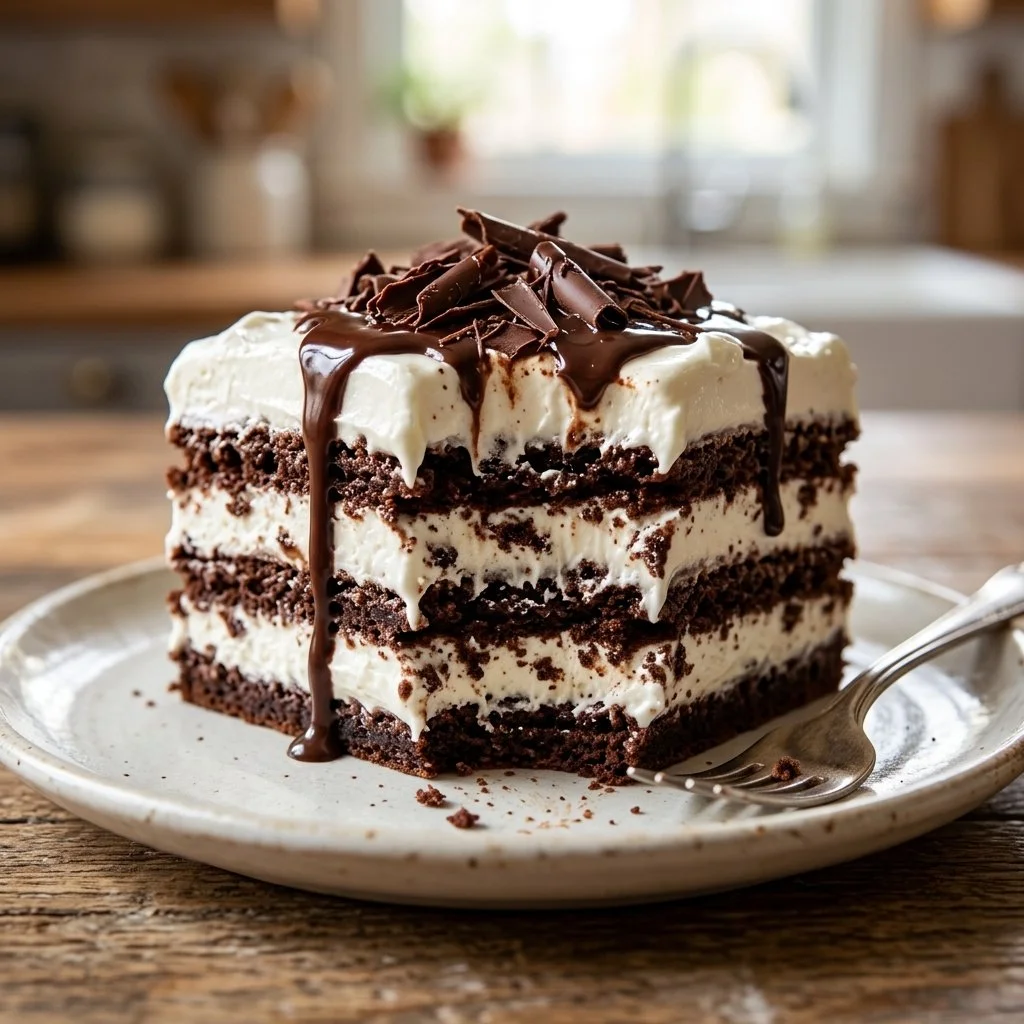 Layered icebox cake with delicious whipped cream and fruit toppings.