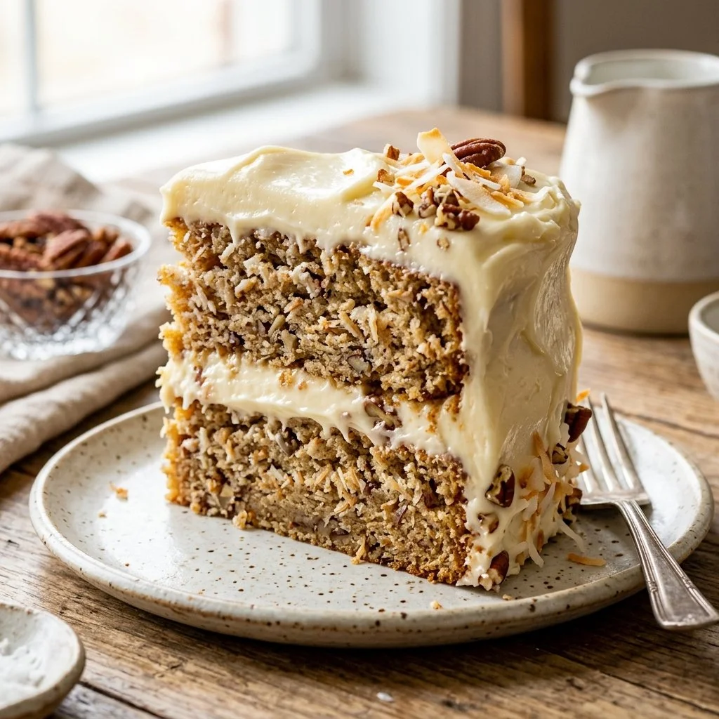 Slice of Italian Cream Cake topped with cream and nuts on a decorative plate