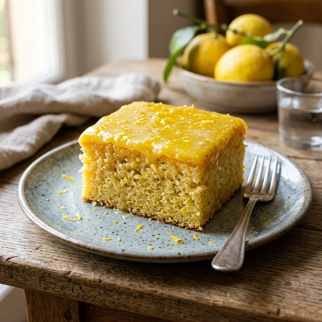 Slice of Italian Lemon Cake with a lemon garnish and powdered sugar