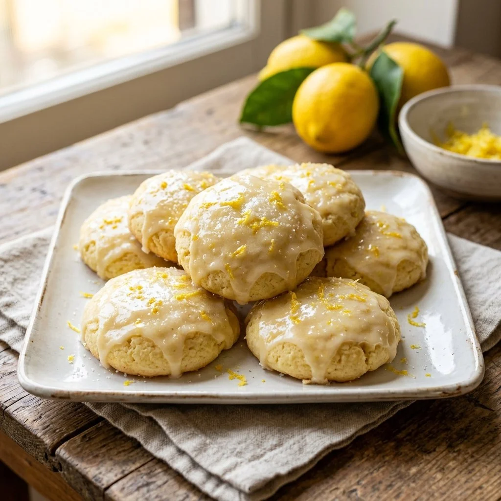 Plate of delicious Italian Lemon Cookies with a citrusy glaze