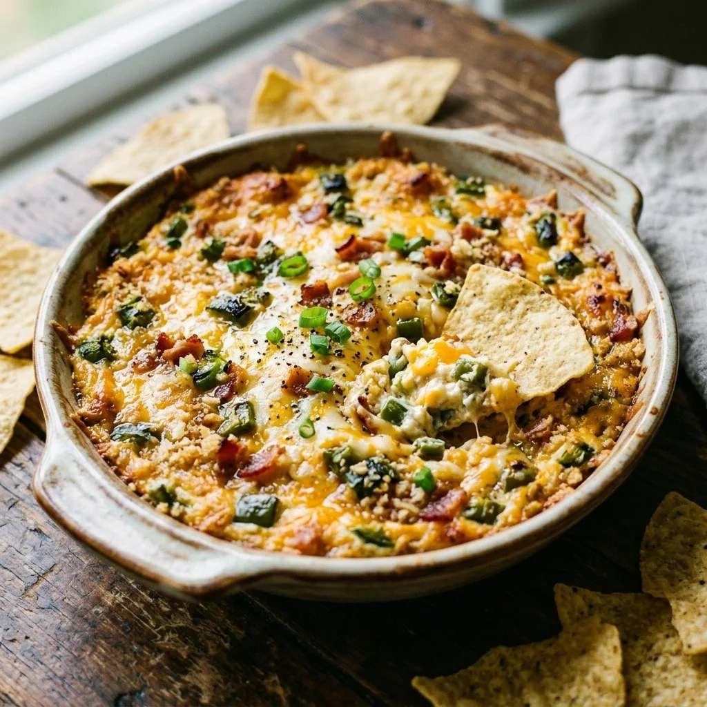 Creamy Jalapeno Popper Dip served in a bowl with chips