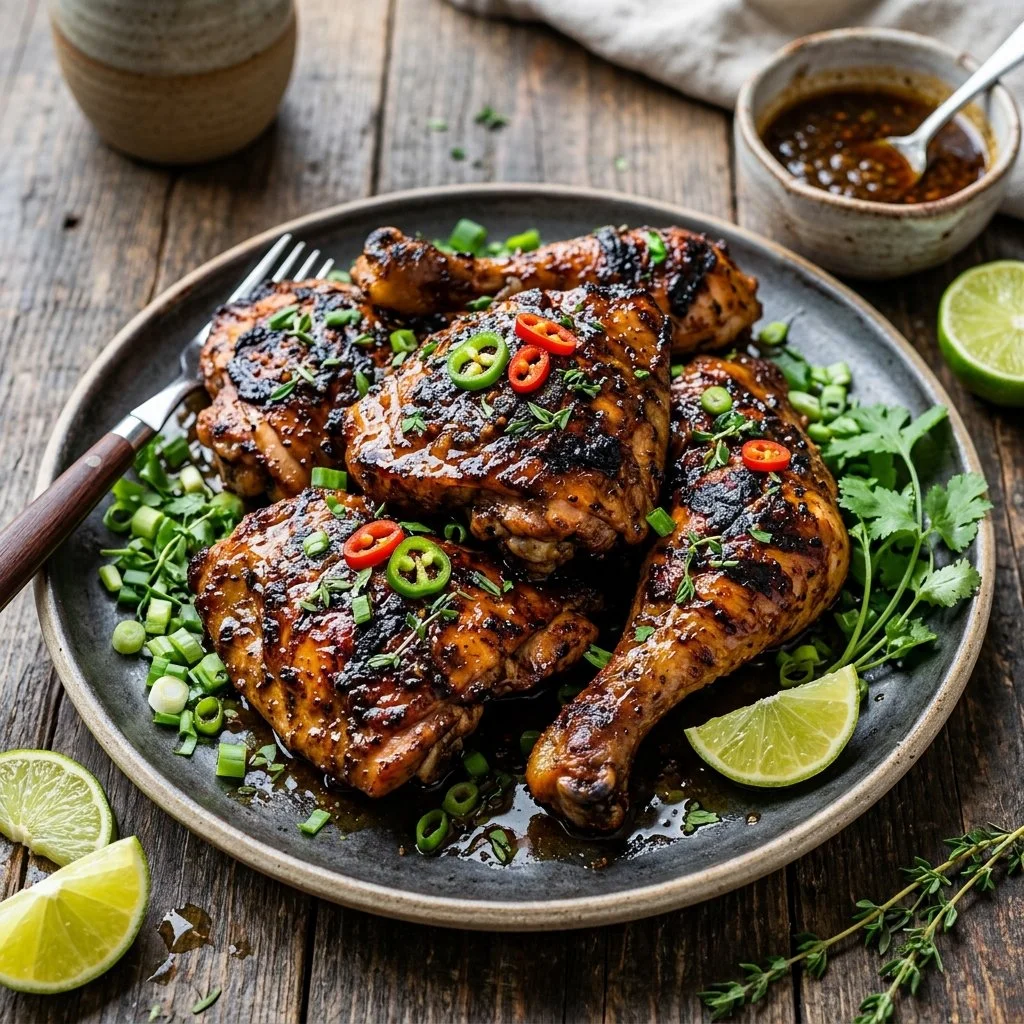 Deliciously grilled jerk chicken served with vibrant side dishes.