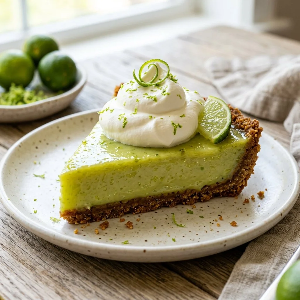 Delicious slice of homemade Key Lime Pie topped with whipped cream