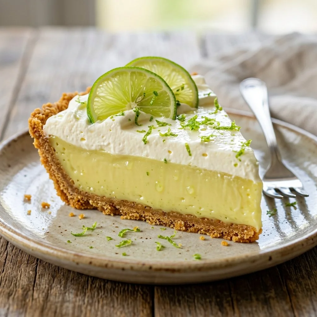 Delicious slice of homemade Key Lime Pie with a graham cracker crust