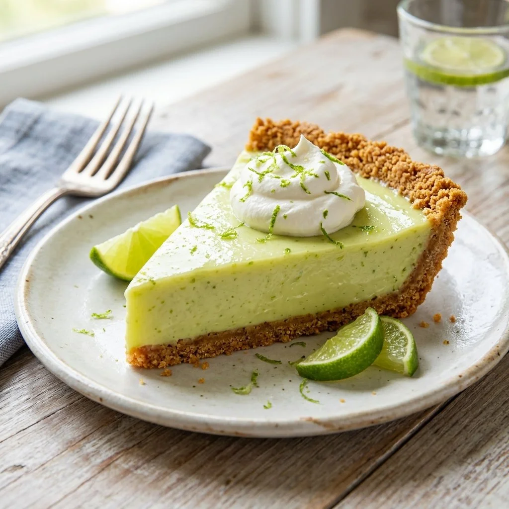 Delicious slice of Key Lime Pie topped with whipped cream and lime zest