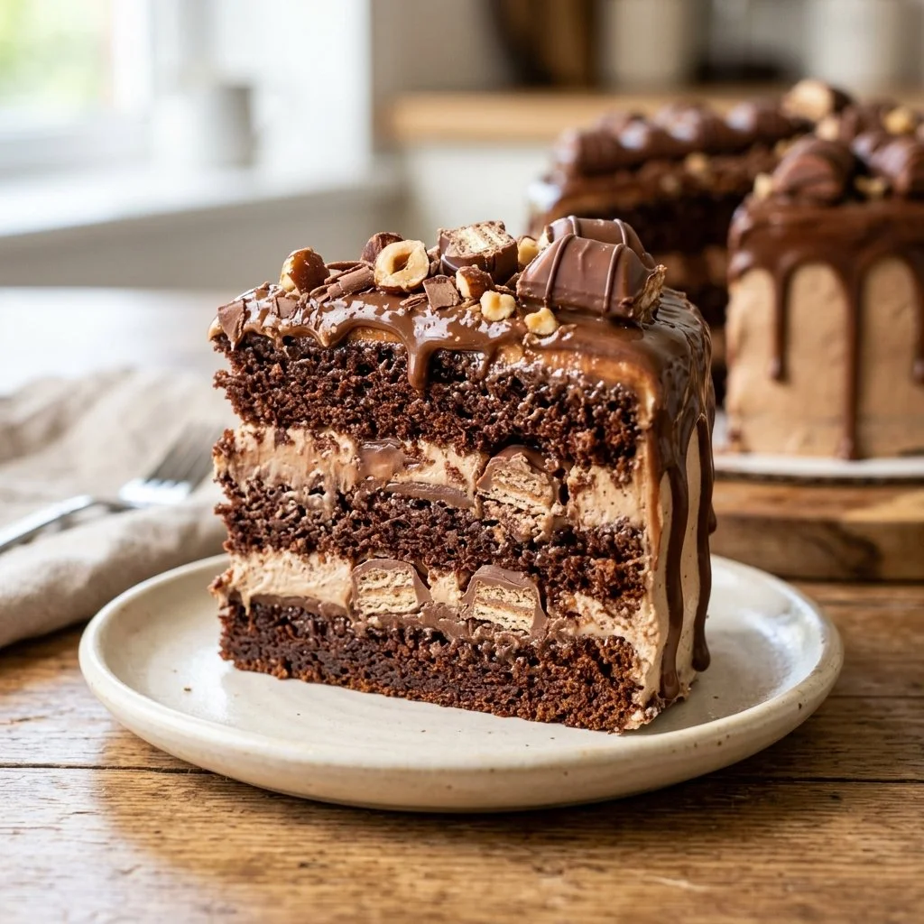 Delicious homemade Kinder Bueno Cake topped with chocolate and hazelnut treats.