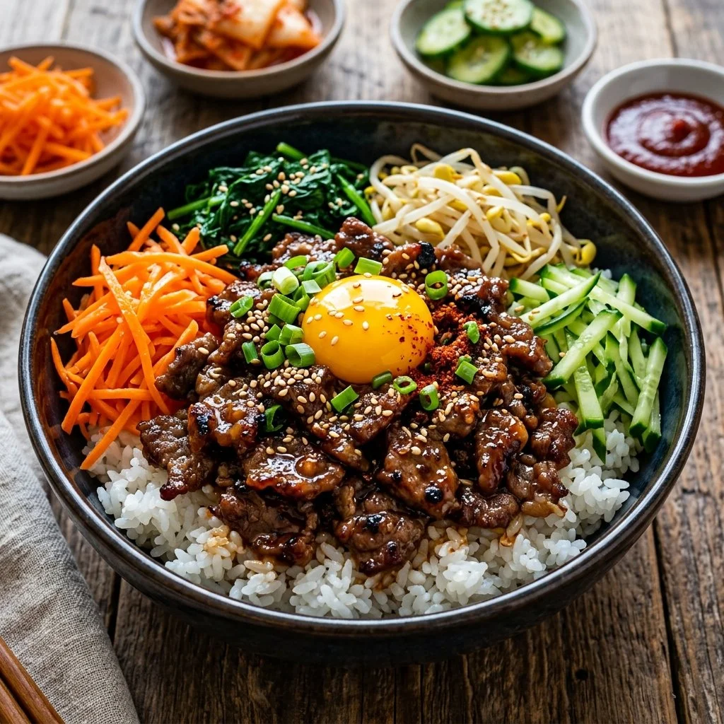 Delicious Korean beef bowls with rice and vegetables
