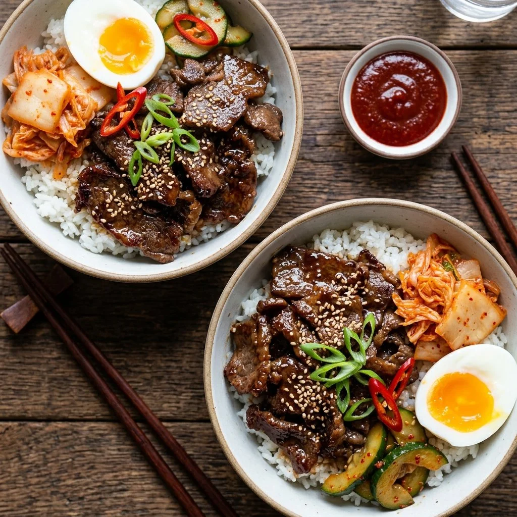 Flavorful Korean beef bowls topped with vegetables and sauce