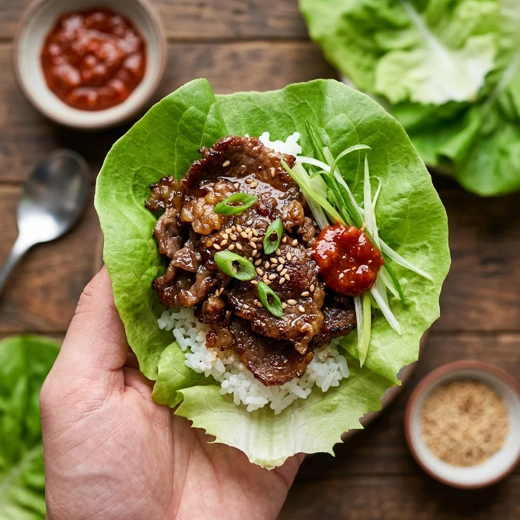 Korean beef lettuce wraps garnished with fresh vegetables