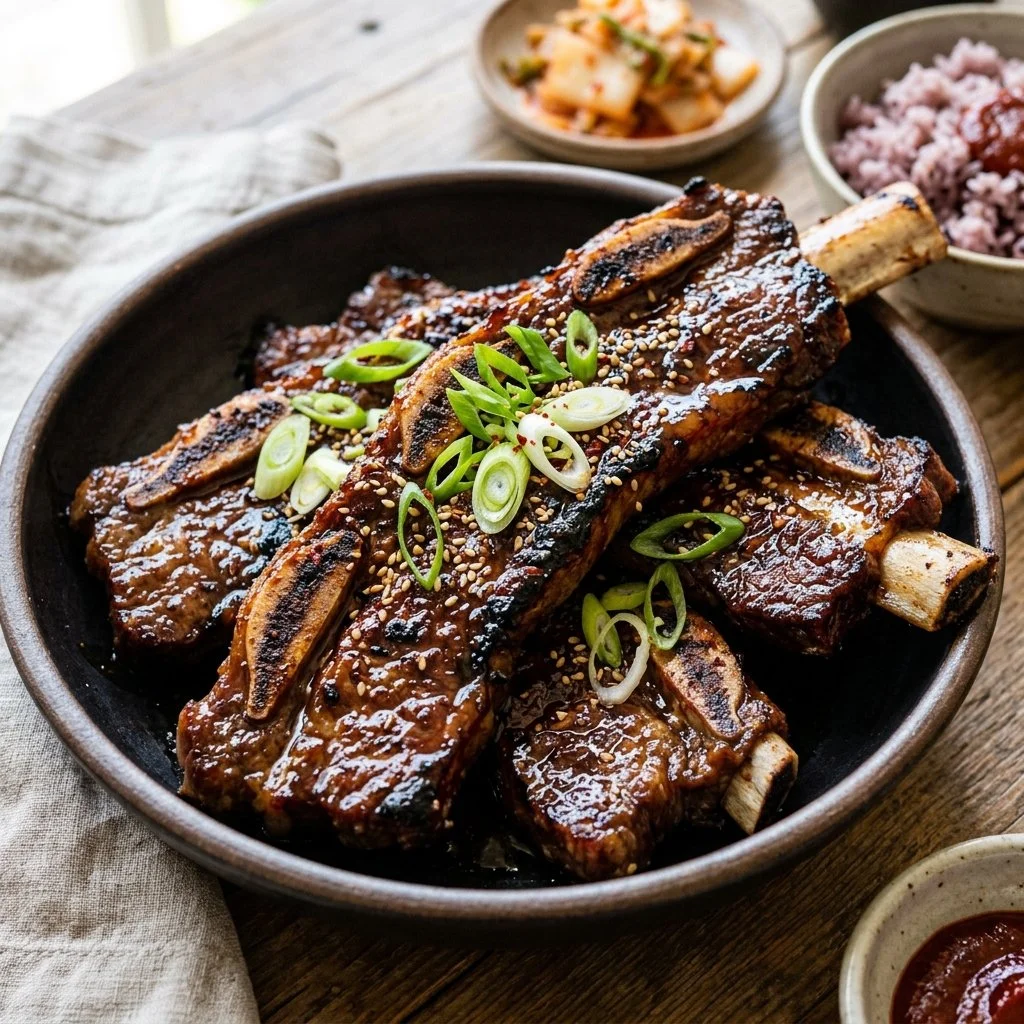 Delicious Korean Short Ribs marinated and grilled, served with fresh garnishes.