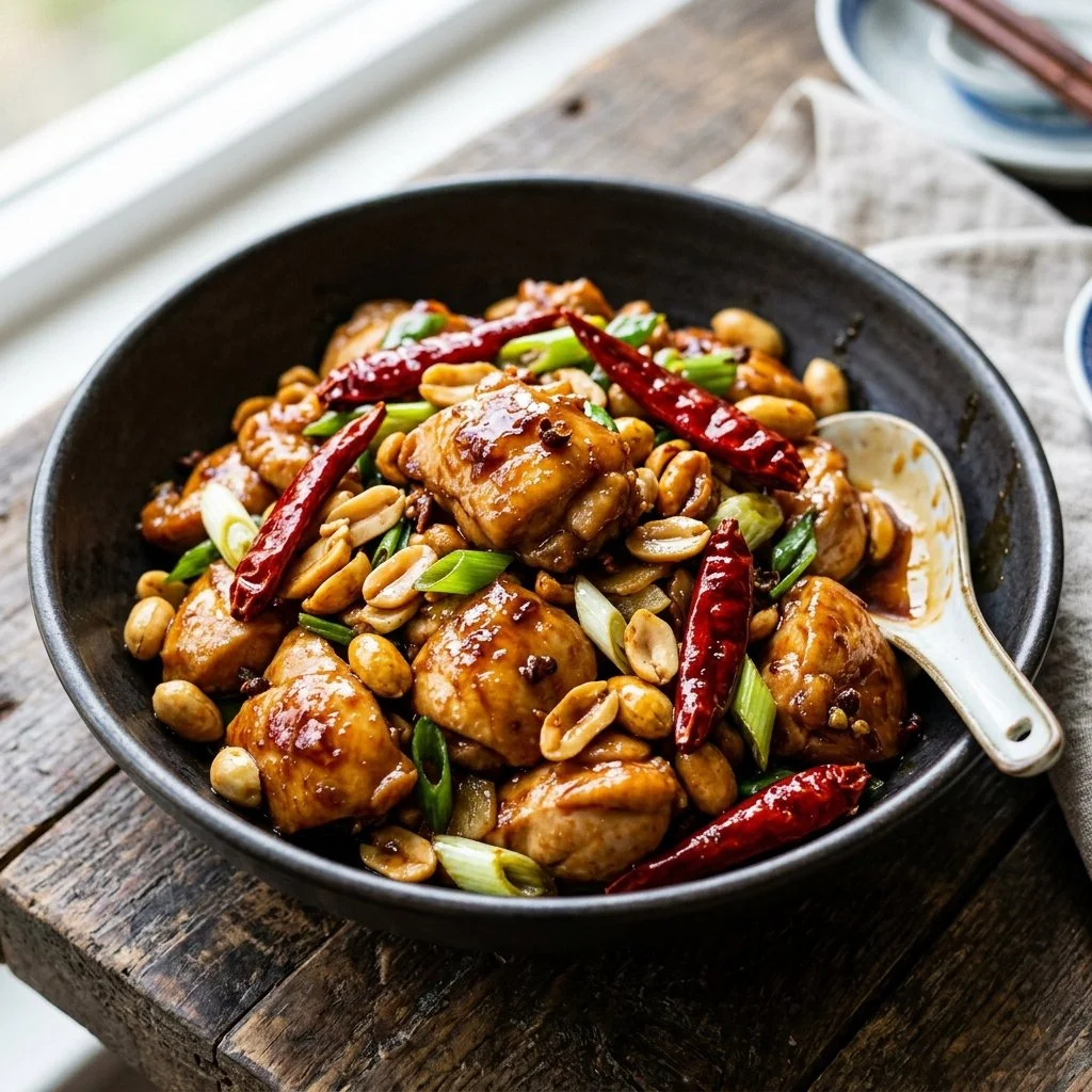 Delicious Kung Pao Chicken served with vegetables and peanuts