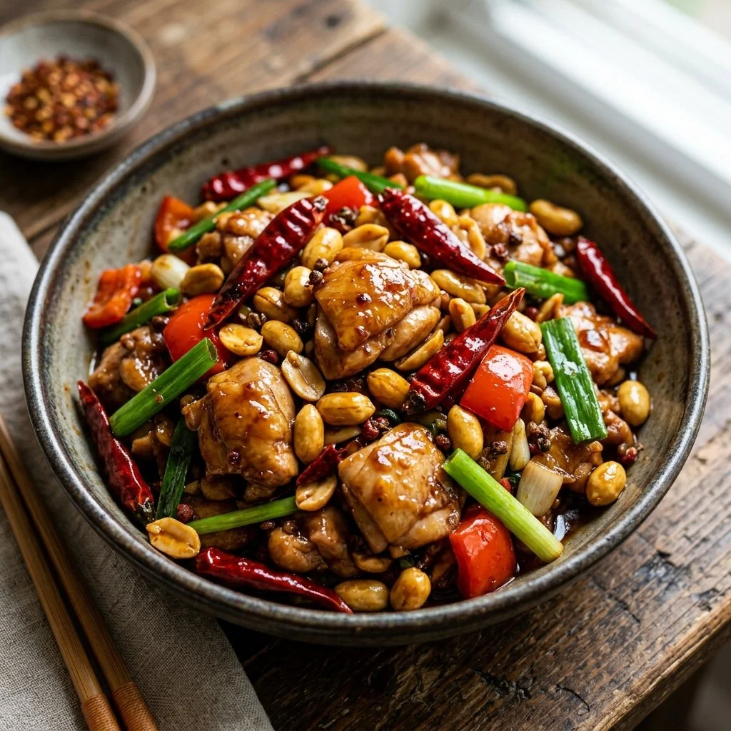 Delicious plate of Kung Pao Chicken with peppers, peanuts, and sauce
