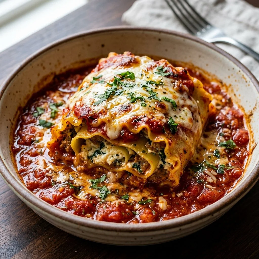 Delicious lasagna roll ups filled with cheese and meat sauce