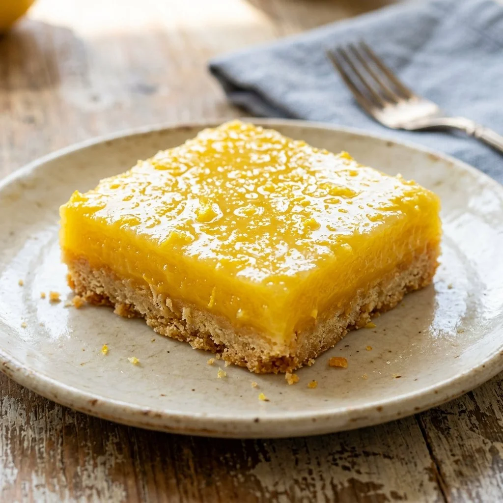 Delicious homemade lemon bars served on a plate with a dusting of powdered sugar.