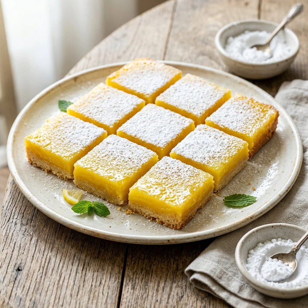 Delicious homemade lemon bars on a platter, garnished with lemon slices