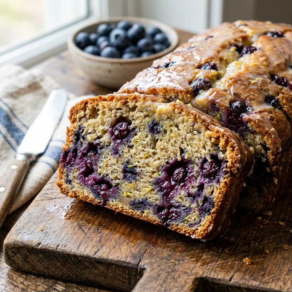 Freshly baked lemon blueberry bread with blueberries and lemon zest