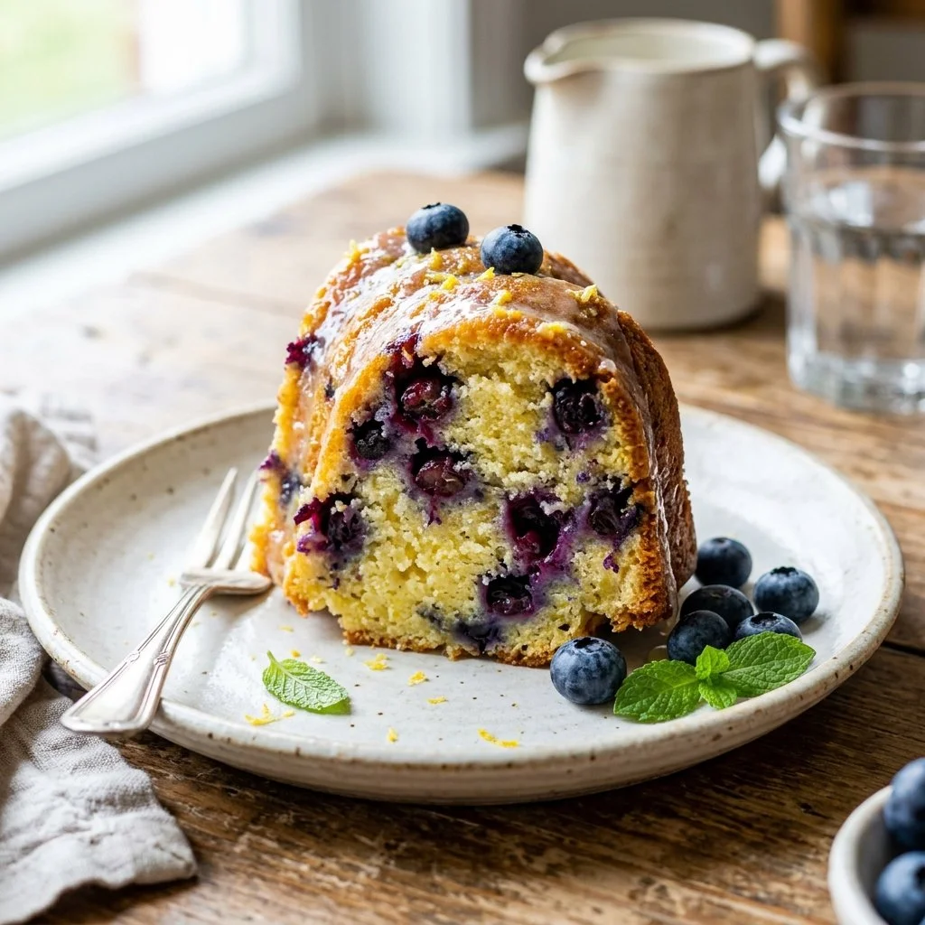 Moist and delicious Lemon Blueberry Bundt Cake topped with a lemon glaze