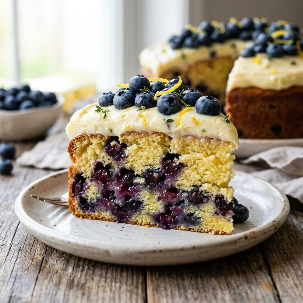 Delicious Lemon Blueberry Cake topped with fresh blueberries and lemon zest