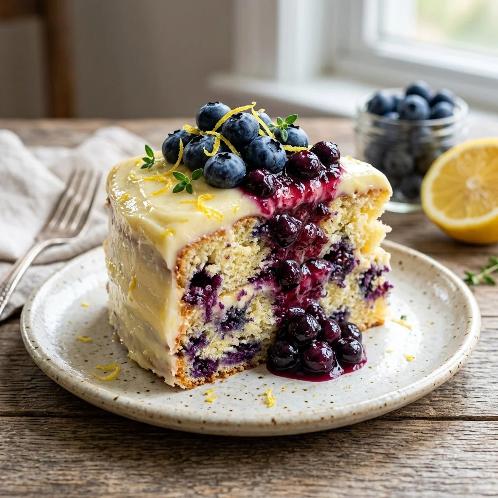 Slice of Lemon Blueberry Cake with fresh blueberries and lemon zest