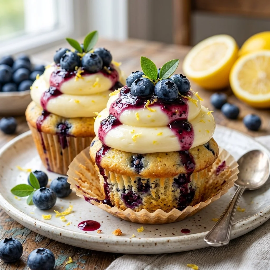 Freshly baked lemon blueberry cupcakes with frosting on a decorative plate