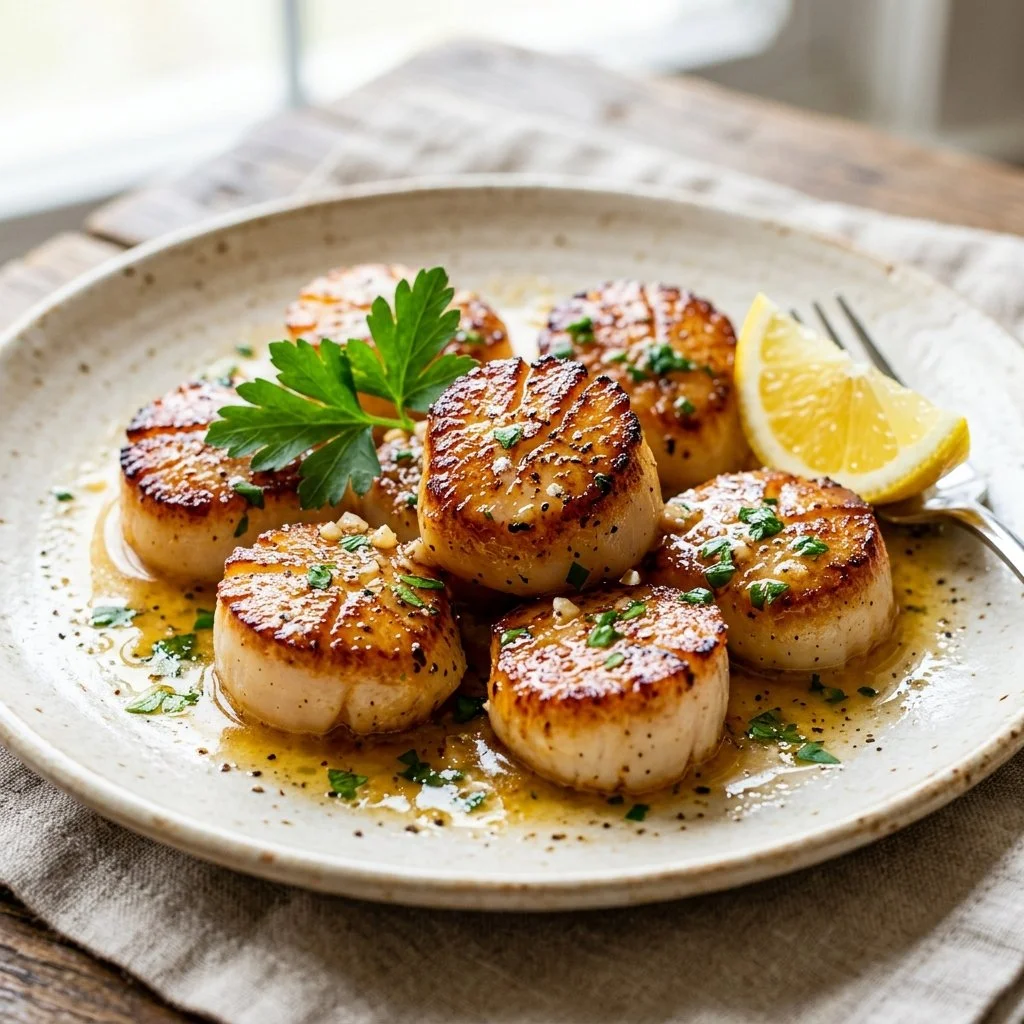 Plate of lemon butter scallops garnished with lemon slices and herbs