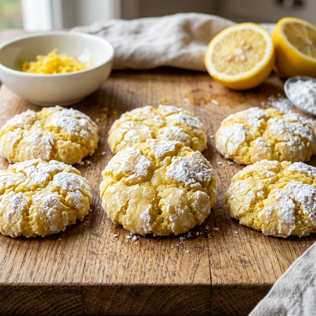 Delicious Lemon Crinkle Cookies with powdered sugar coating on a plate