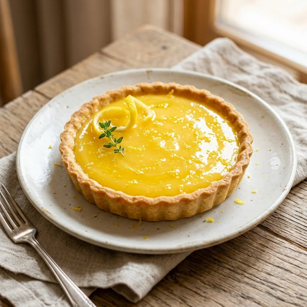 Delicious lemon curd tart topped with fresh berries and mint leaves.