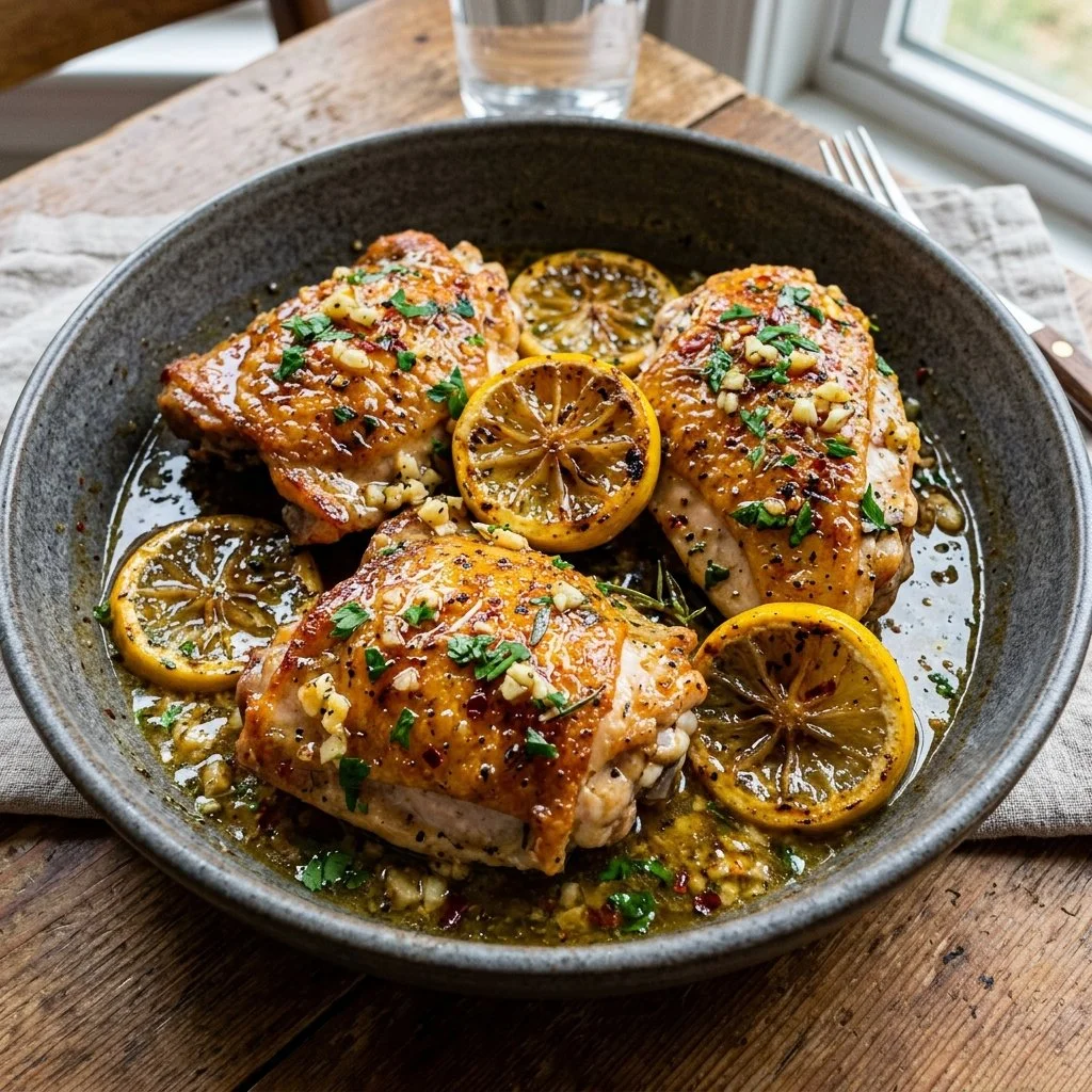 Lemon Garlic Butter Chicken dish with vibrant colors and garnishes
