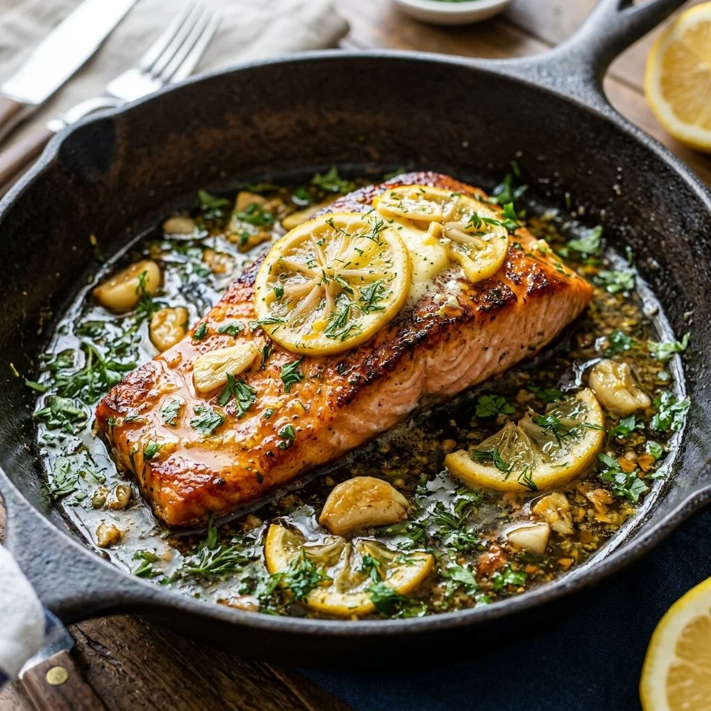 Delicious Lemon Garlic Butter Salmon garnished with herbs and lemon slices