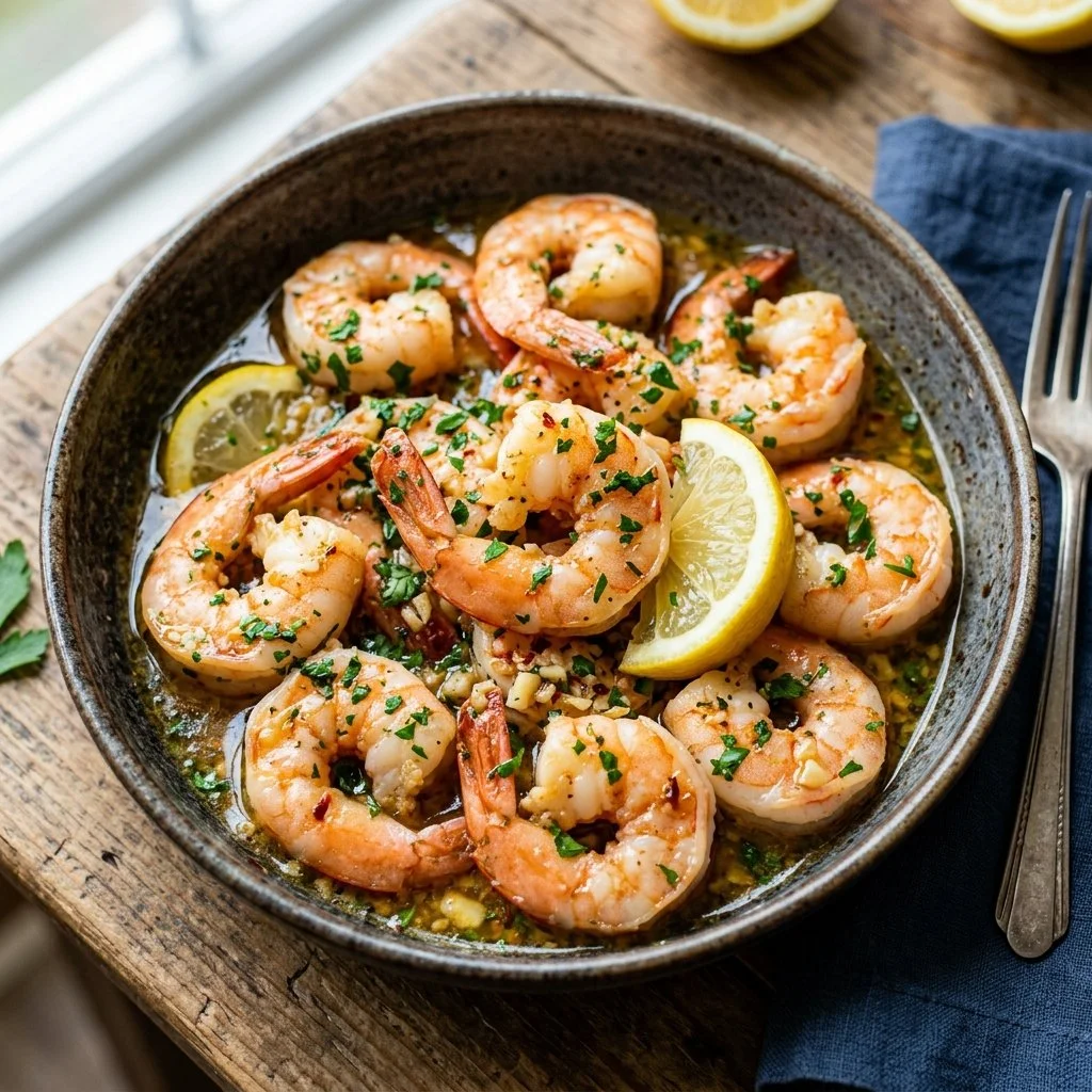 Delicious lemon garlic butter shrimp served with a fresh garnish