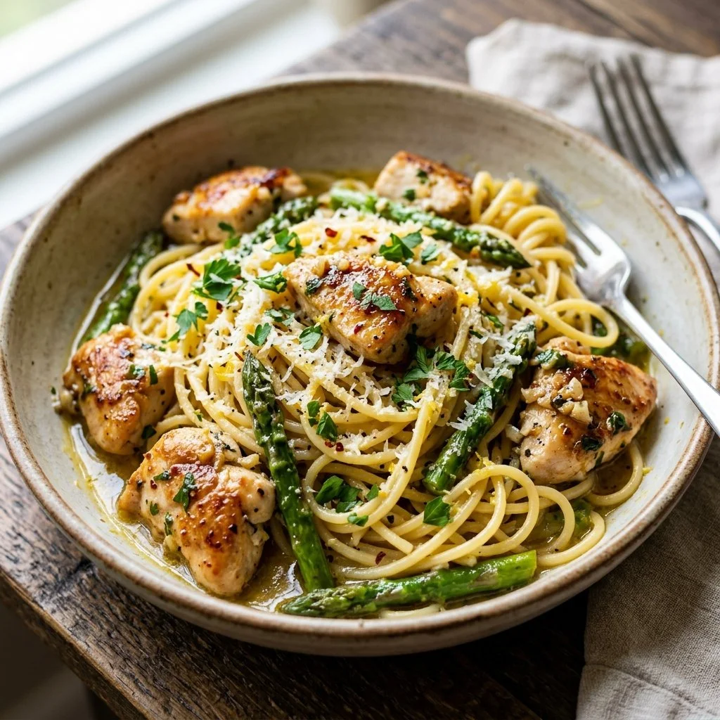 Delicious plate of Lemon Garlic Chicken Pasta garnished with herbs
