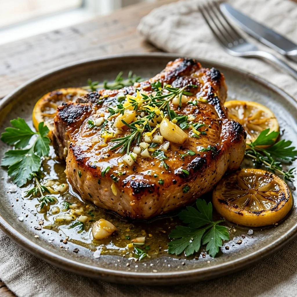 Lemon garlic pork chops served on a plate with fresh herbs