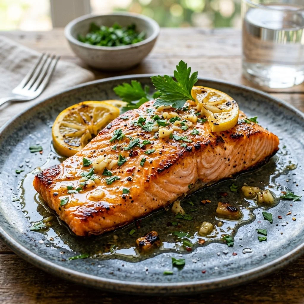Delicious Lemon Garlic Salmon dish garnished with fresh herbs