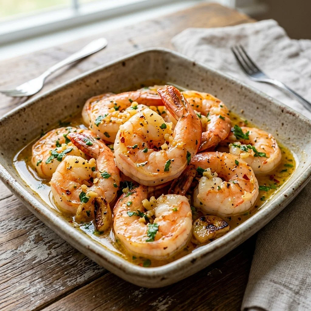 Delicious Lemon Garlic Shrimp served with a side of vegetables