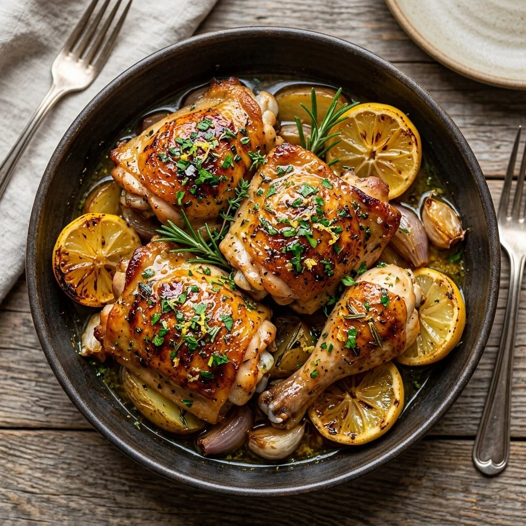 Lemon Herb Chicken dish garnished with fresh herbs and lemon slices