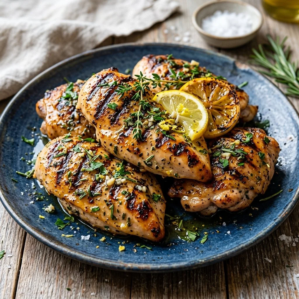 Lemon Herb Grilled Chicken served on a plate with fresh herbs and lemon slices